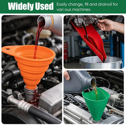 Flexible Oil Drain Funnel Set, 3PCS Reusable Silicone Foldable Oil Funnel for Spill-Free Oil Change, Moldable Draining Tool for Car Truck Motorcycle Garage Use