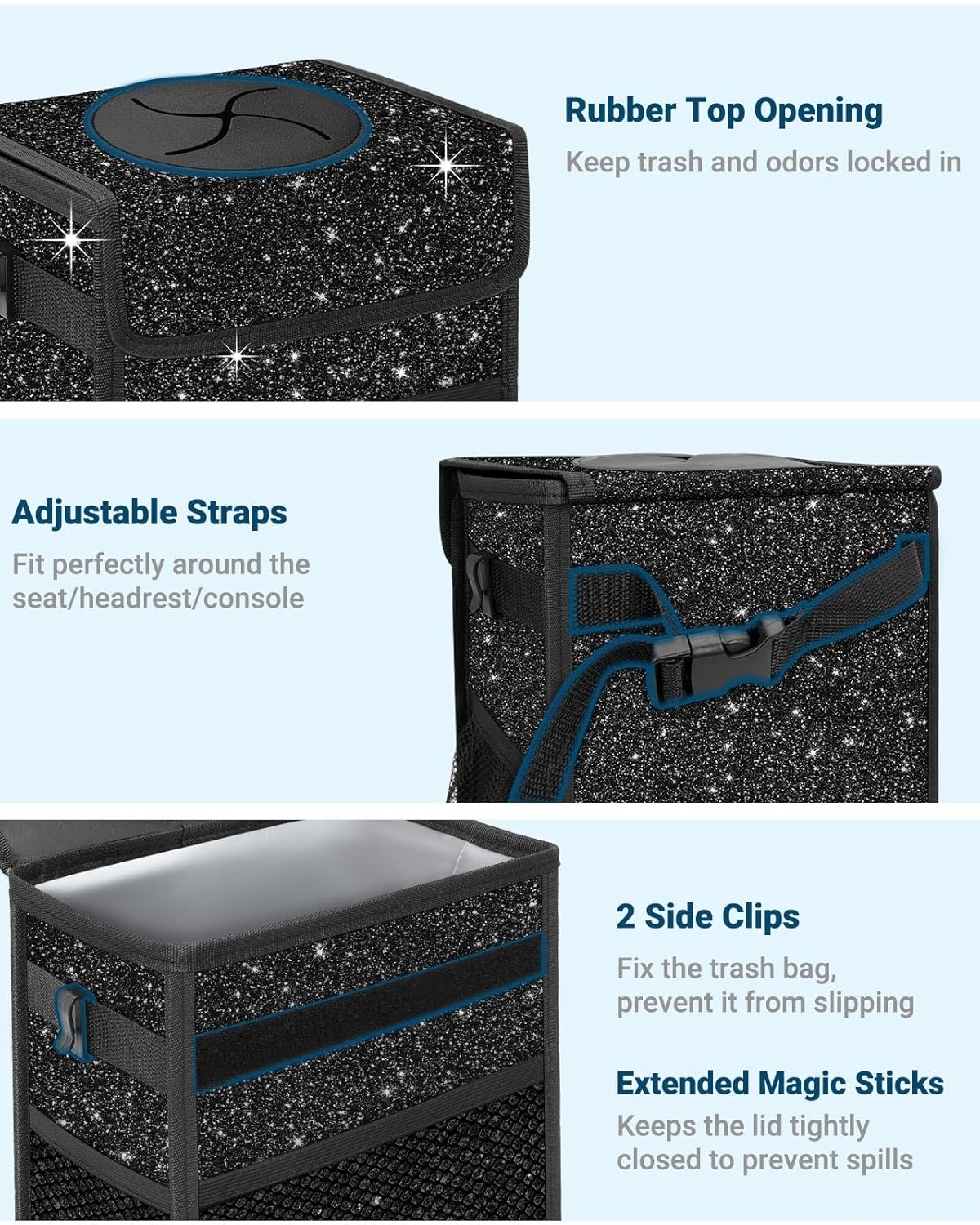 Capolo Car Trash Can with Lid, Leakproof Car Trash Bag Hanging Waterproof Automotive Garbage Can with Storage Pockets Mini Vehicle Trash Bin for Back/Front Seat(Black,2.5 Gallon)