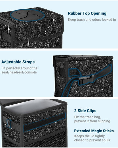 Capolo Car Trash Can with Lid, Leakproof Car Trash Bag Hanging Waterproof Automotive Garbage Can with Storage Pockets Mini Vehicle Trash Bin for Back/Front Seat(Black,2.5 Gallon)