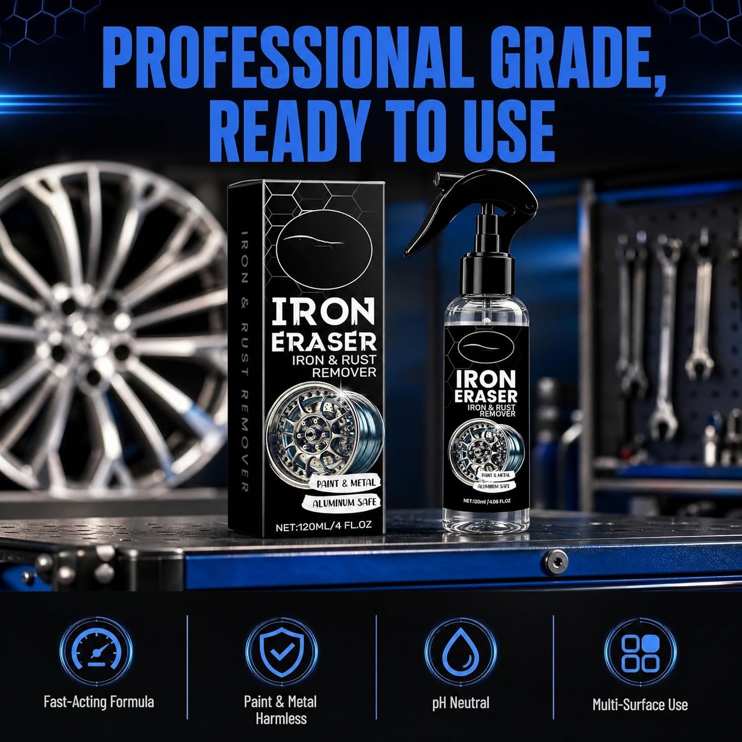 Iron Eraser Rust Remover Spray for Metal,Fast Iron Powder Remover Spray for Car Wheels, Paint & Metal Surfaces (2pcs)