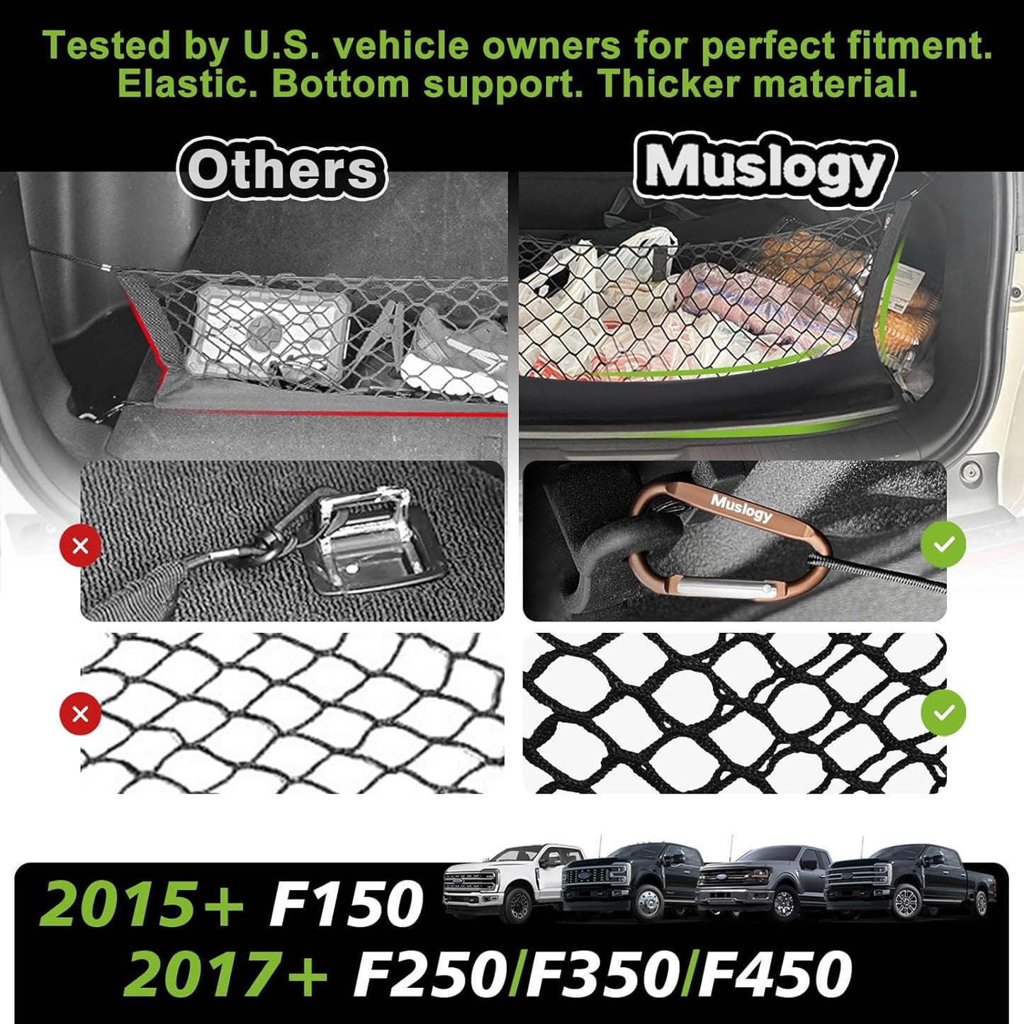 Muslogy Truck Bed Cargo Net Trunk Netting Compatible with 2023-2025 2026 Honda CR-V Accessories, Pickup Cargo Organizer SUV Sedan Storage Net w/Heavy Duty Carabiners - Colors A