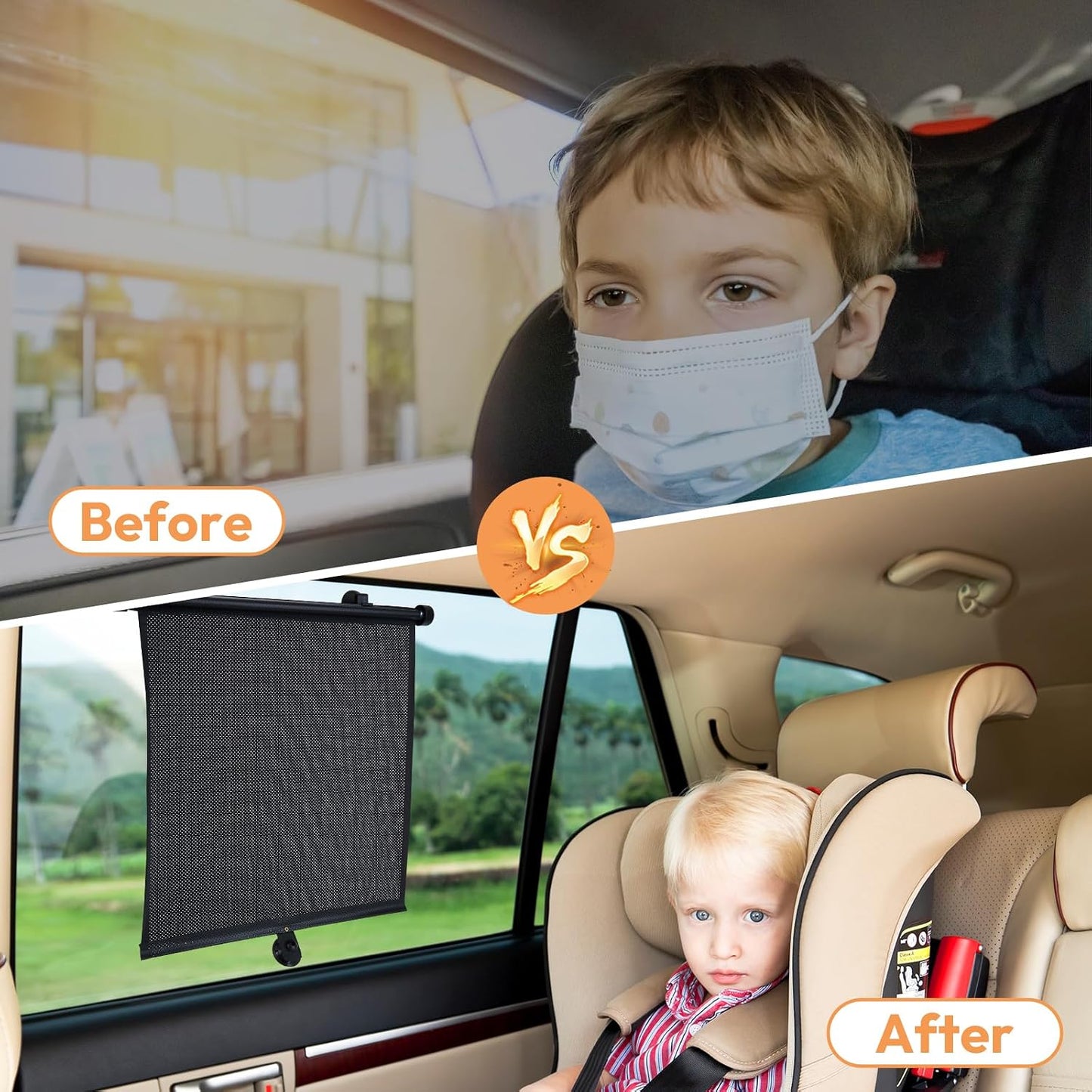 2 Pack Car Side Window Sun Shade - Retractable Car Roller Sunshadewith Reinforced Suction Cups, Drop Down UV Interior Sunshade, Stroller Window Sunshade (15" x 17")