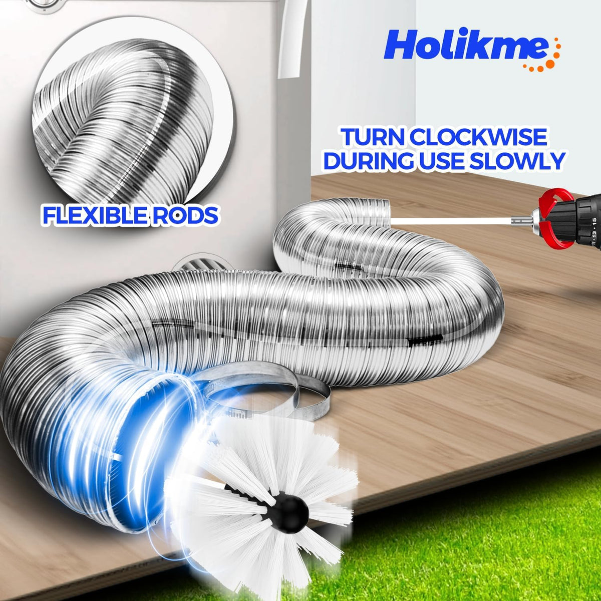 Holikme 30 Feet Dryer Vent Cleaner Kit, Flexible Lint Brush with Drill Attachment, Fireplace Chimney Brushes Extends Up to 30 Feet for Easy Cleaning, Use with or Without a Power Drill