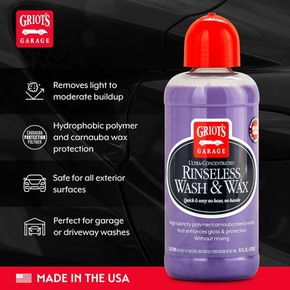 Griot's Garage Rinseless Wash and Wax for Car Cleaning and Detailing, No-Rinse, Waterless Formula For RVs, Boats, Trucks, Motorcycles and More, 10493, 16oz