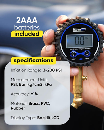 GERCHWAY Digital Tire Pressure Gauge for Cars - Accurate Air Pressure Gauge for Tires with 360° Swivel Chuck - 200 PSI