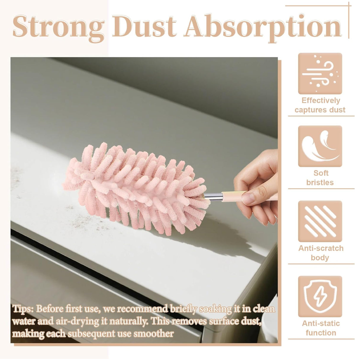 2 PCS Car Interior Duster with Extension Pole, Microfiber Car Duster with Bendable Head, Car Accessories Dusters Exterior&Interior Scratch Free, for Cleaning of Vehicle Details, Offices, Windows(Pink)