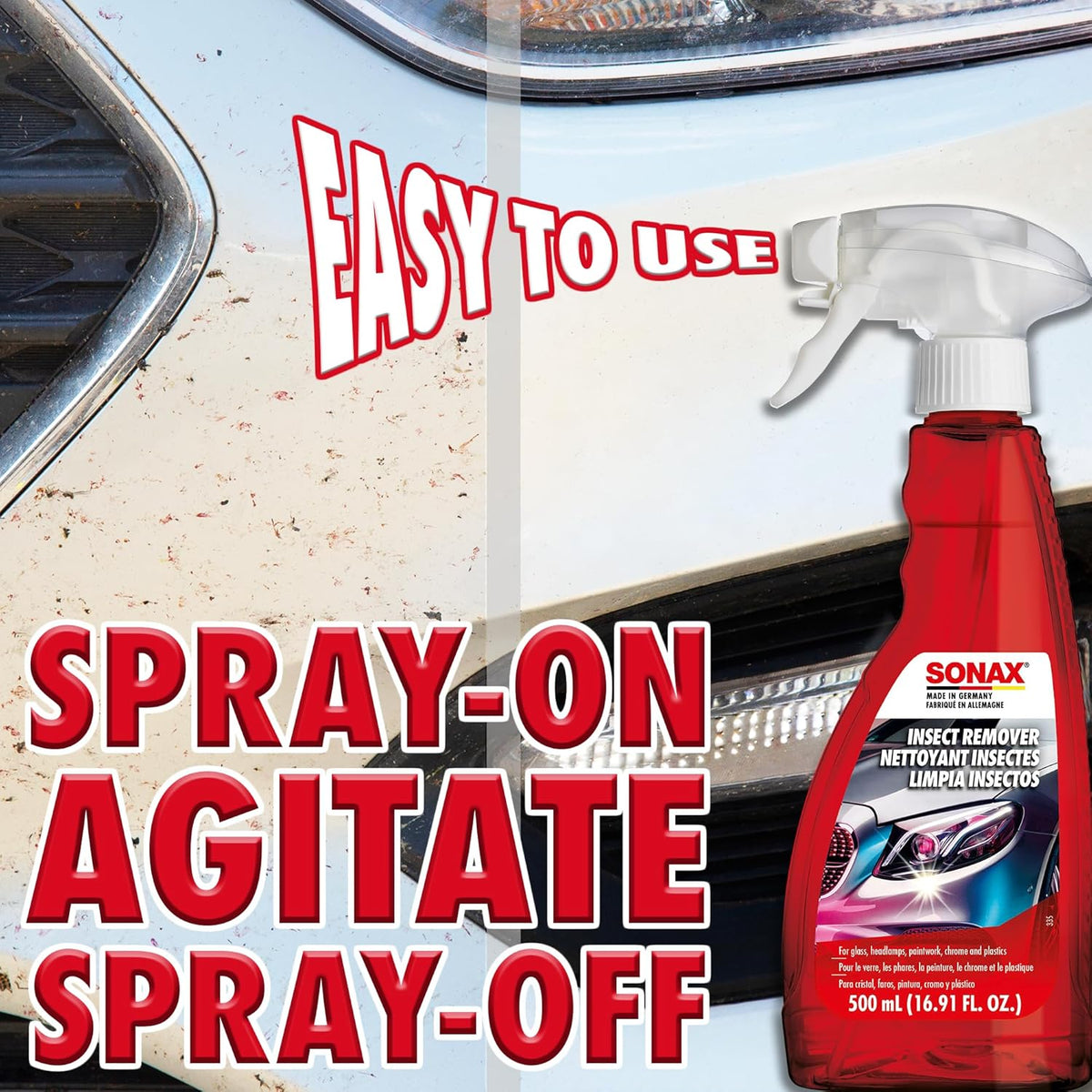 SONAX Insect Remover 533200 | High-Performance Bug Residue Cleaner for Paint, Glass, Chrome & Plastics | Solvent-Free Formula Loosens Tough Insect Deposits | Prevent Clear Coat Damage | | 500ml
