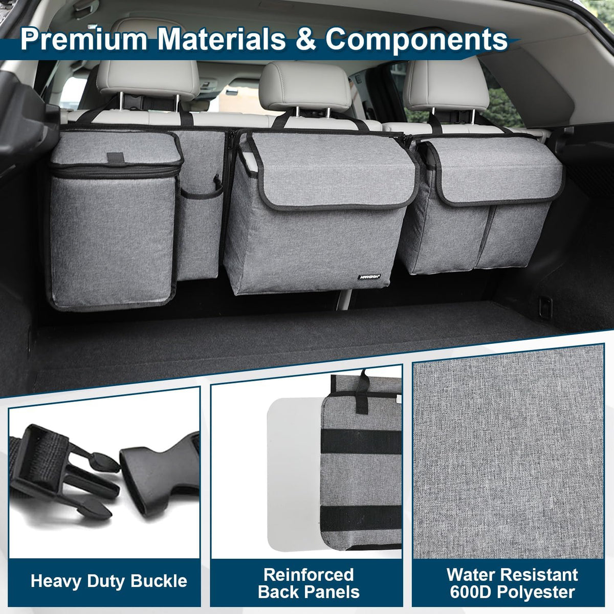 Deluxe Trunk and Backseat Organizer for Medium or Large Size SUVs & RVs, Detachable Storage Modules with Built-in Cooler, Patent Pending