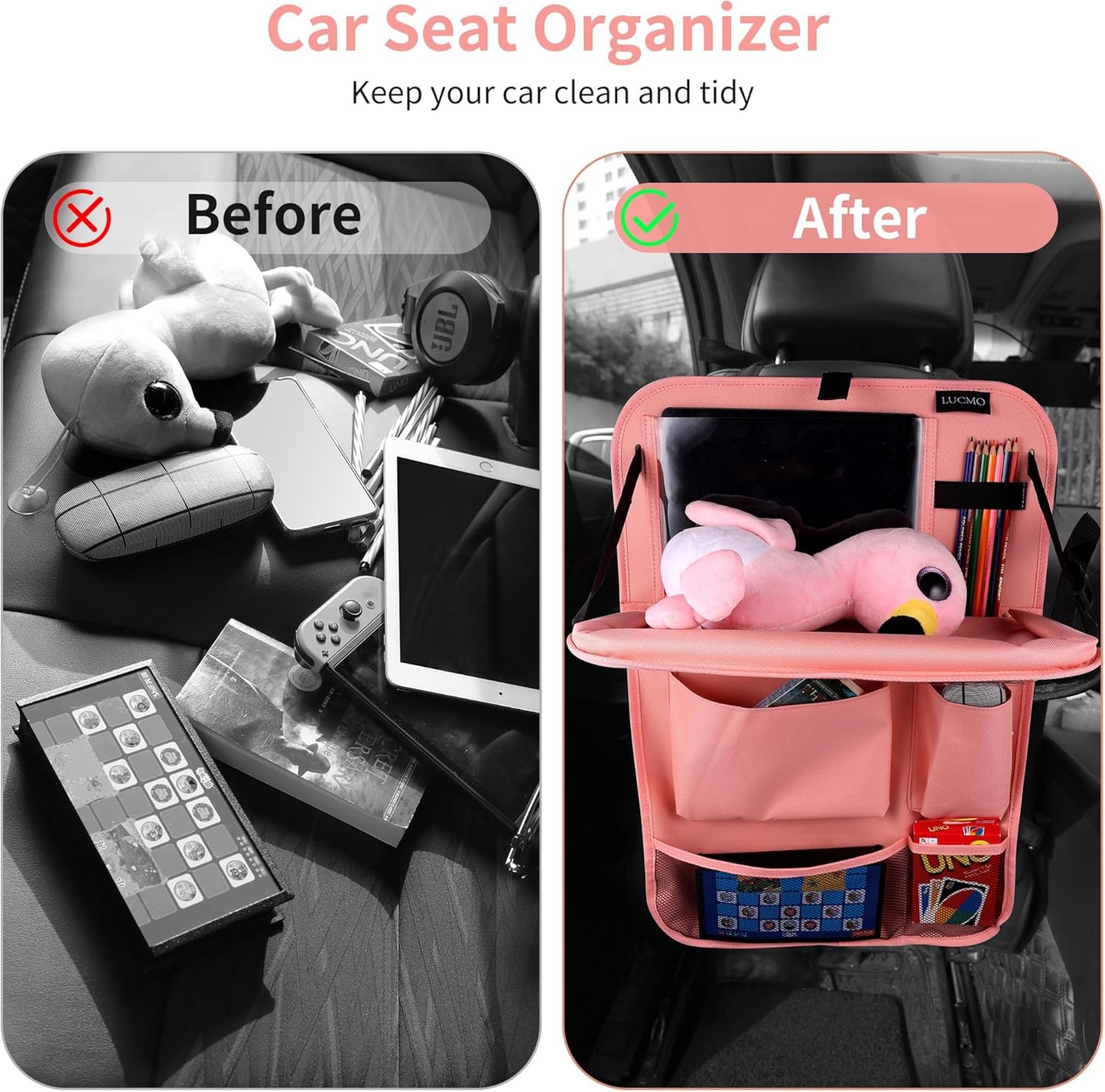 LUCMO Car Backseat Organizer with Tablet Holder,6 Storage Pockets Car Storage Organizer with Foldable Food Tray,Protectors Kick Mats Travel Accessories-Black