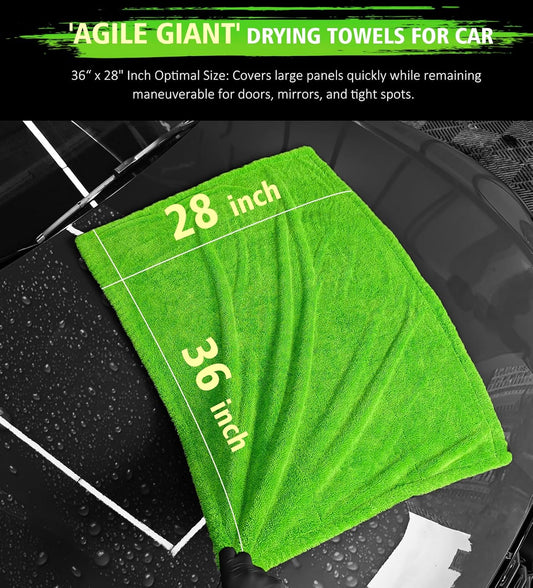 YeewayVeh 'Agile Giant' Car Drying Towel, 28x36 Inch Quick Car Wash Drying Towels, 1400 GSM Super Absorbent, Double Sided Microfiber Towels for Cars Effortless & Scratch-Free Detailing, Green