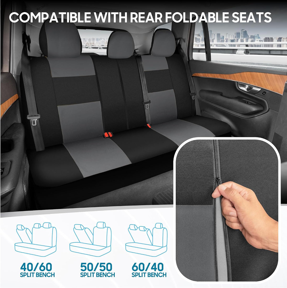 BDK PolyPro Car Seat Covers Full Set in Charcoal on Black – Front and Rear Split Bench for Cars, Easy to Install Cover Set, Accessories Auto Trucks Van SUV