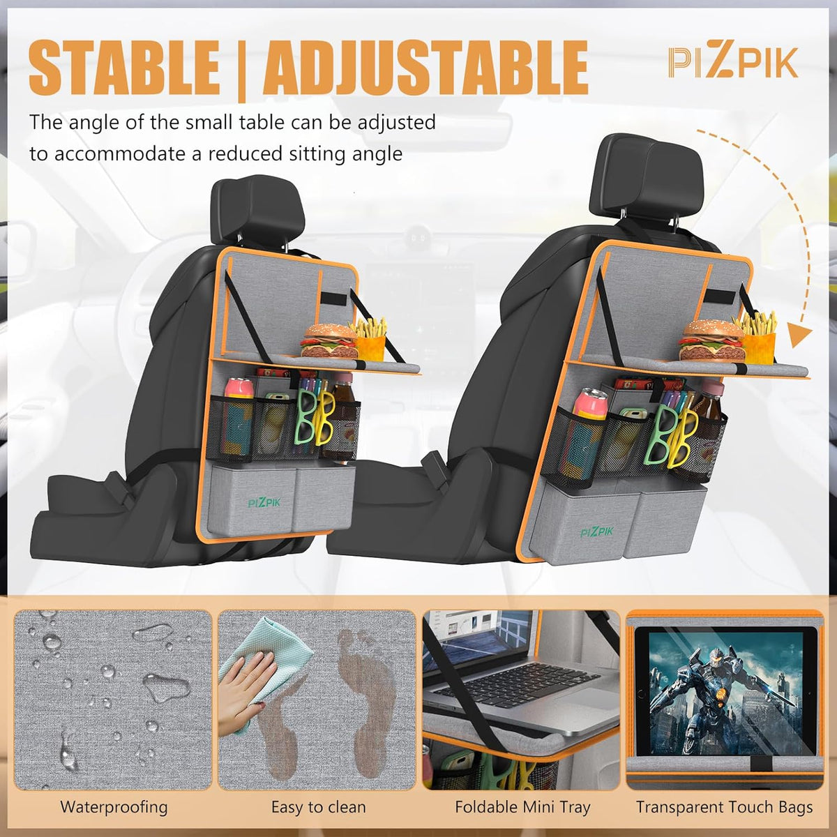 Plzpik Car Backseat Organizer with Tray(2Pack),13 Storage Pockets with Foldable Food Tray, Protector Kick Mats for Kids, Travel Accessories Organizer (Black)