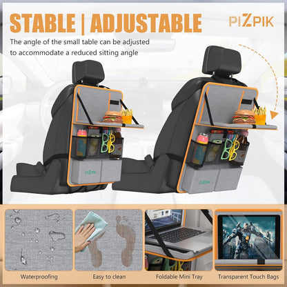 Plzpik Car Backseat Organizer with Tray(2Pack),13 Storage Pockets with Foldable Food Tray, Protector Kick Mats for Kids, Travel Accessories Organizer (Black)