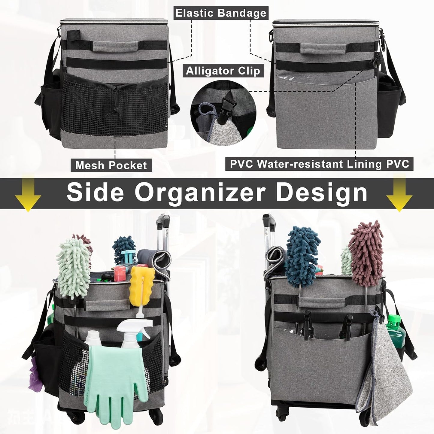 Wearable Large Cleaning Caddy Bag for Housekeeper, Clean Supply Organizer with Adjustable Shoulder, Waist & Handle Straps, Detailing Bag for Kitchen Supplies (Black)