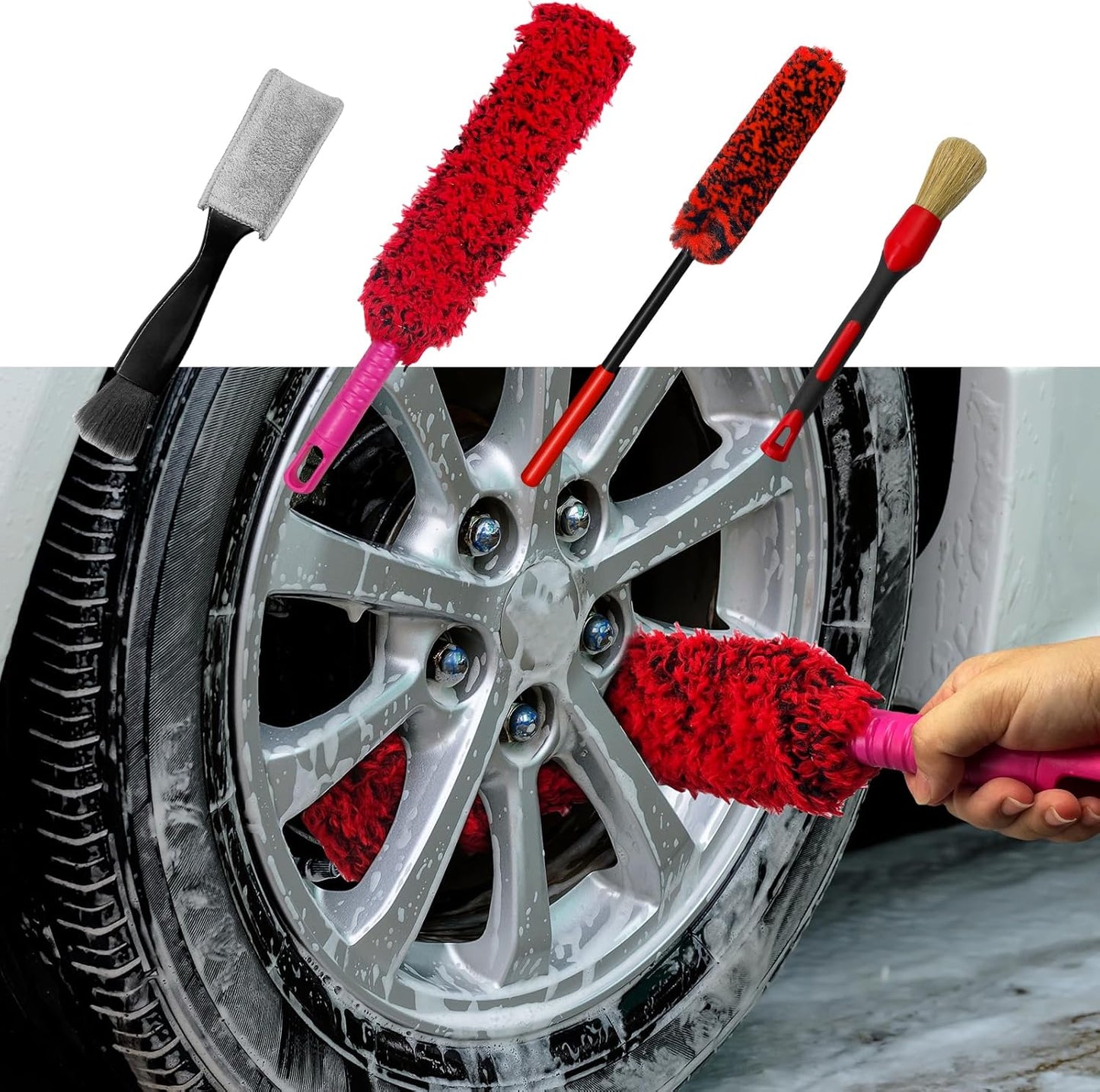4 Pack Car Wheel Brush Kit - Soft, Scratch-Free Microfiber & Synthetic Wool Cleaning Brushes for Tires, Rims, Fenders, Engine, Exhaust Tips