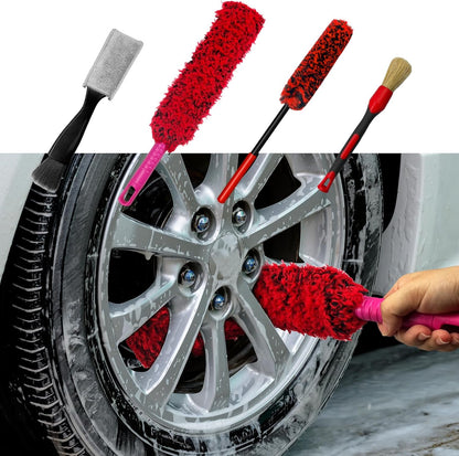4 Pack Car Wheel Brush Kit - Soft, Scratch-Free Microfiber & Synthetic Wool Cleaning Brushes for Tires, Rims, Fenders, Engine, Exhaust Tips