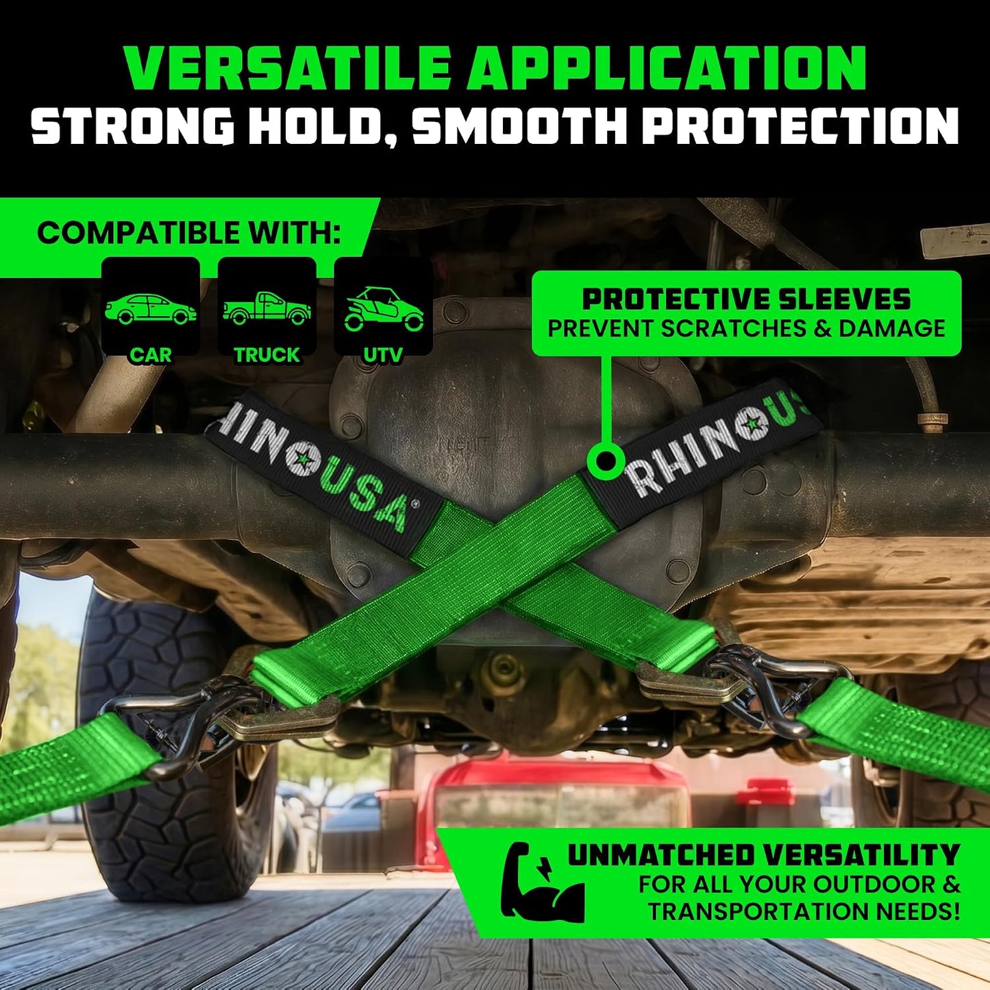 Rhino USA Car Tie Down Straps for Trailers with J Hooks (4-Pack) – 2" x8' (10,000lb Break Strength) – Heavy Duty Car Hauler Tire Straps with Axle Straps for UTV, Powersports & More – Black