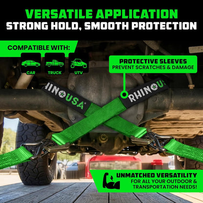 Rhino USA Car Tie Down Straps for Trailers with J Hooks (4-Pack) – 2" x8' (10,000lb Break Strength) – Heavy Duty Car Hauler Tire Straps with Axle Straps for UTV, Powersports & More – Black