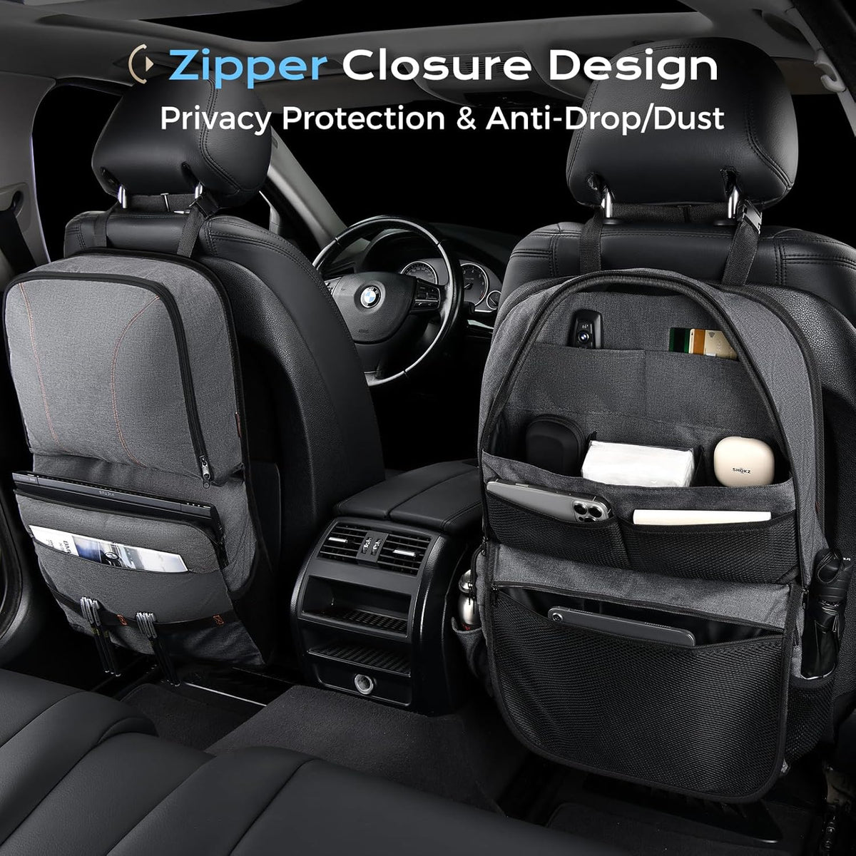Coverado Car Backseat Organizer(2 Packs) with Tablet Tray, Nappa Leather Organizer for Car Seat Back, Waterproof Car Seat Organizer with Touch Screen, Seat Protector Kick Mats for Kids