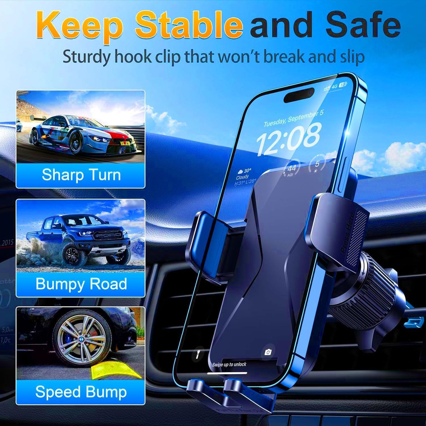 Qifutan Car Phone Holder Mount Phone Mount for Car Windshield Dashboard Air Vent Universal Hands Free Automobile Cell Phone Holder Fit for iPhone Smartphone Camera Mounts