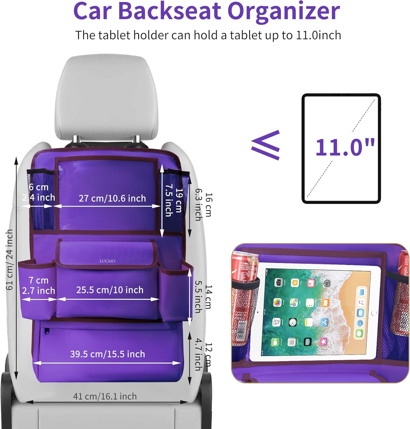 LUCMO Car Backseat Organizer with Tablet Holder,6 Storage Pockets Car Storage Organizer with Foldable Food Tray,Protectors Kick Mats Travel Accessories-Black
