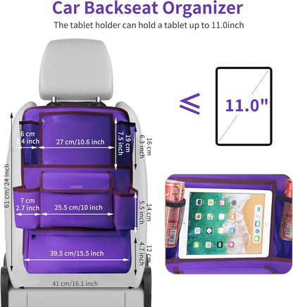 LUCMO Car Backseat Organizer with Tablet Holder,6 Storage Pockets Car Storage Organizer with Foldable Food Tray,Protectors Kick Mats Travel Accessories-Black