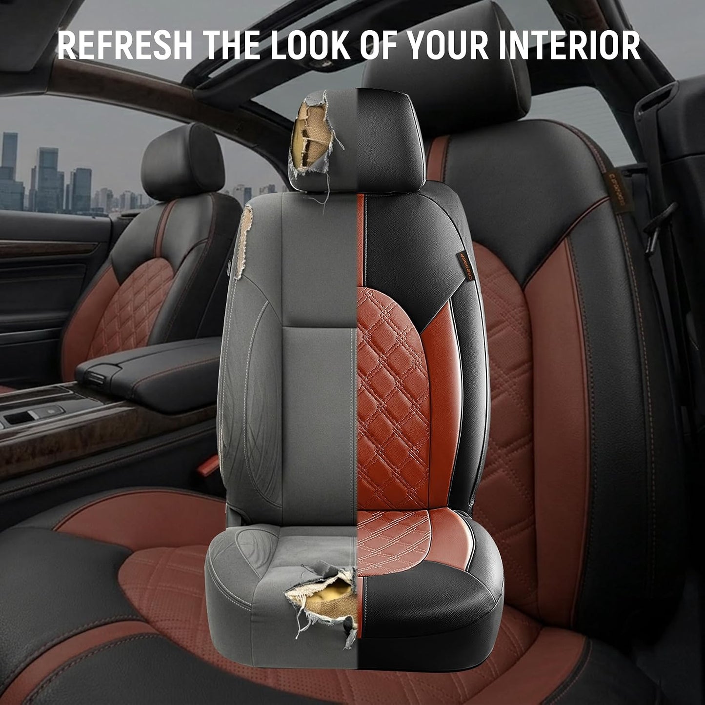 CAROMOP Luxury PU Leather Car Seat Covers Full Set-Waterproof Seat Protectors with Split Bench Seat Covers for Cars-Universal Cars Interior Covers for Sedans, SUVs, Pick-up Trucks(Gray/Gray Line)