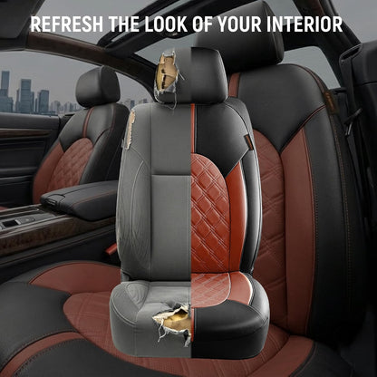 CAROMOP Luxury PU Leather Car Seat Covers Full Set-Waterproof Seat Protectors with Split Bench Seat Covers for Cars-Universal Cars Interior Covers for Sedans, SUVs, Pick-up Trucks(Gray/Gray Line)