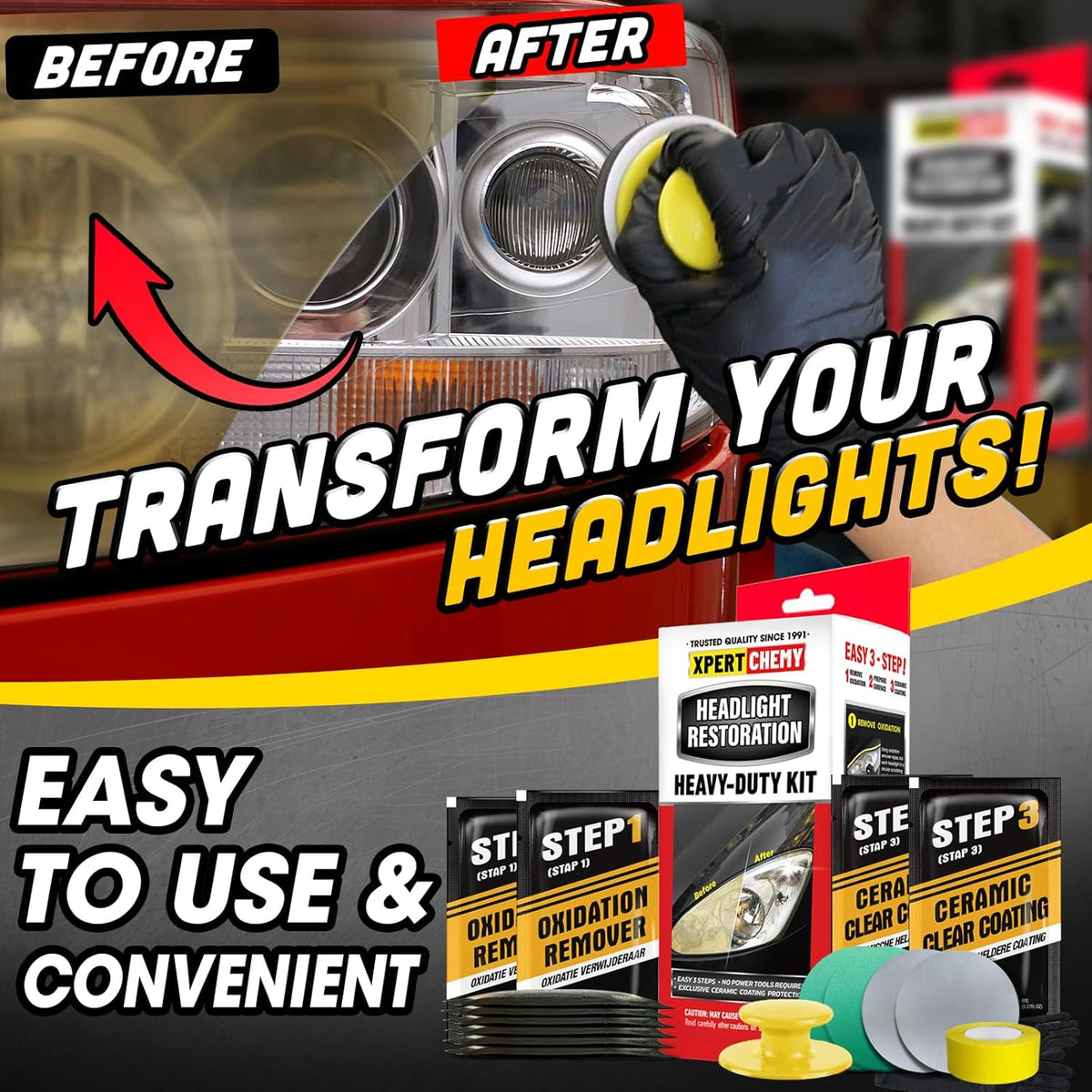 XPERTCHEMY Headlight Restoration Kit-Headlight Cleaner Removing The Heavy-Duty Yellowing, Clouding and Stains, Even Buffs Out Unsightly Hairline Scratches,No Power Tools Needed