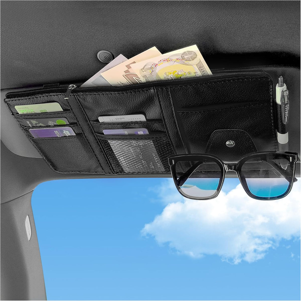 OFBAND Car Visor Organizer with Sunglass Holder,Multi-Functional Car Sun Visor Organizer with Zipper for Cards,Money,Tickets,Leather Interior Accessories (Black)