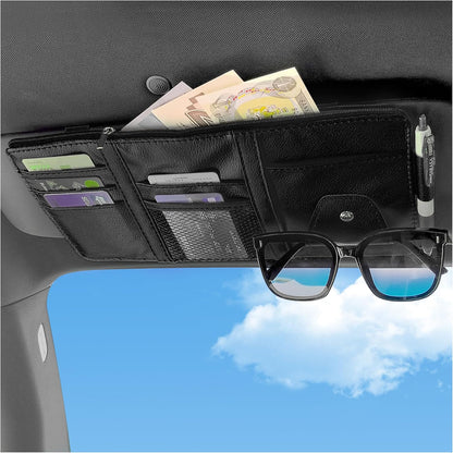 OFBAND Car Visor Organizer with Sunglass Holder,Multi-Functional Car Sun Visor Organizer with Zipper for Cards,Money,Tickets,Leather Interior Accessories (Black)