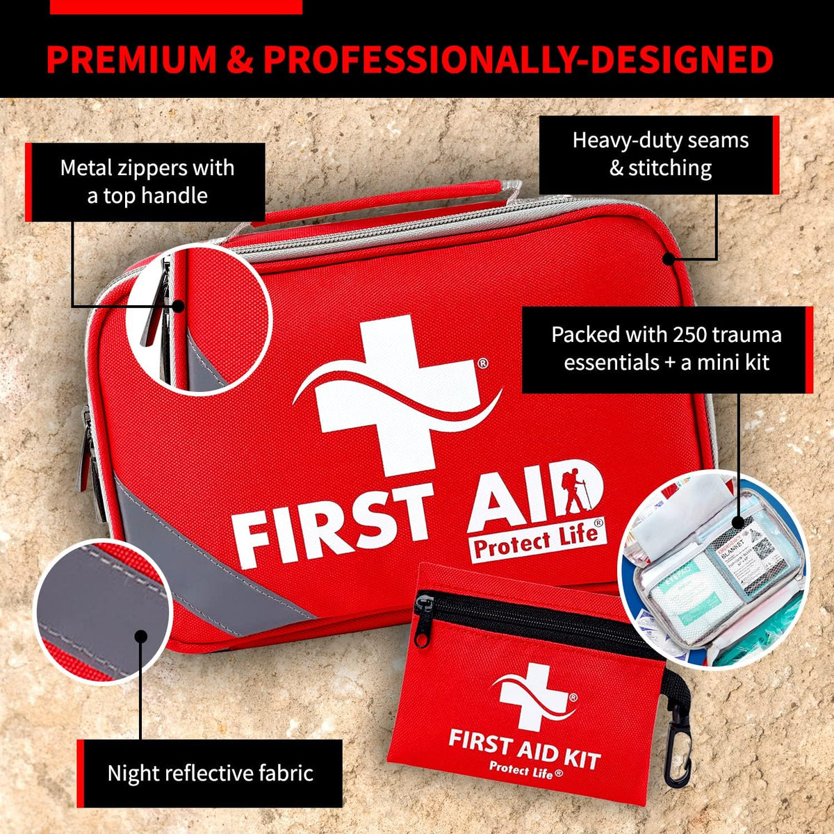 Protect Life Doctor Developed Mini First Aid Kit, 100 Piece Waterproof Emergency Kit for Car, Boat, Camping & Travel, Includes Emergency Blanket, Tourniquet & First Aid Guide
