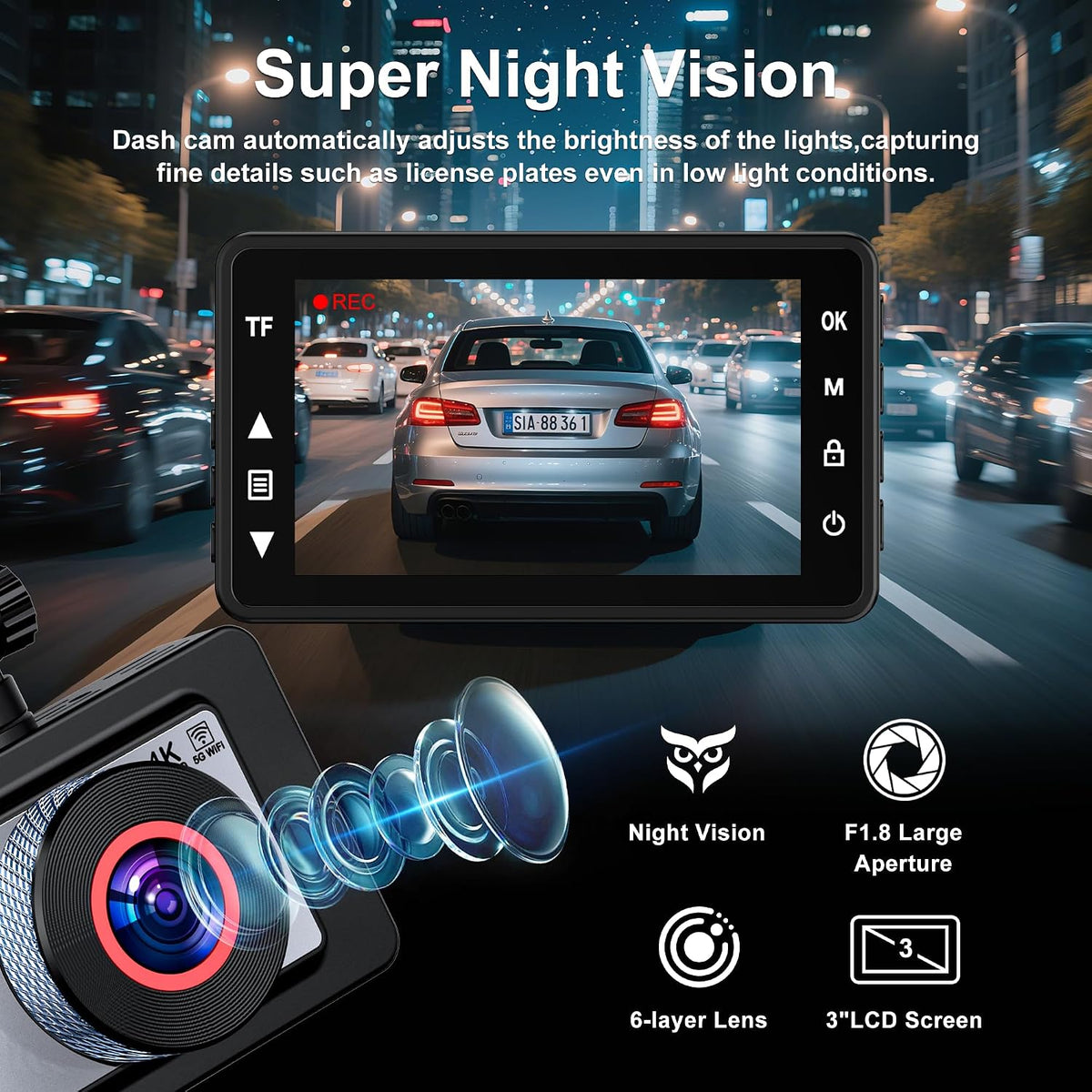 Dash Cam Front and Rear, 4K Ultra HD Dash Camera for Cars, 64GB Card Included, Built-in 5G WiFi Mobile APP Control, 3" IPS Screen,Super Clear Night Vision, 170°Wide Angle,G-Sensor, 24H Parking Monitor