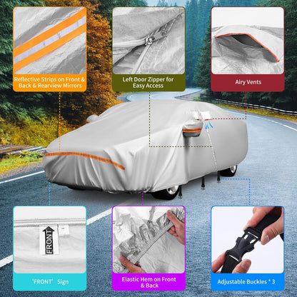 8 Layers Car Cover Waterproof All Weather,Outdoor Car Cover Rain Sun Protection for Car with Zipper Cotton, Universal Exterior Covers Fits for Audi A4 A5,2007-2025 BMW 3 Series(195in*74.8in*59in)
