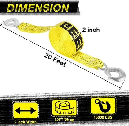 Tow Strap with Hooks, 2" x 20ft Heavy Duty Recovery Strap 15000 lbs Capacity Towing Straps for Car Truck Boat ATV Roadside Emergency