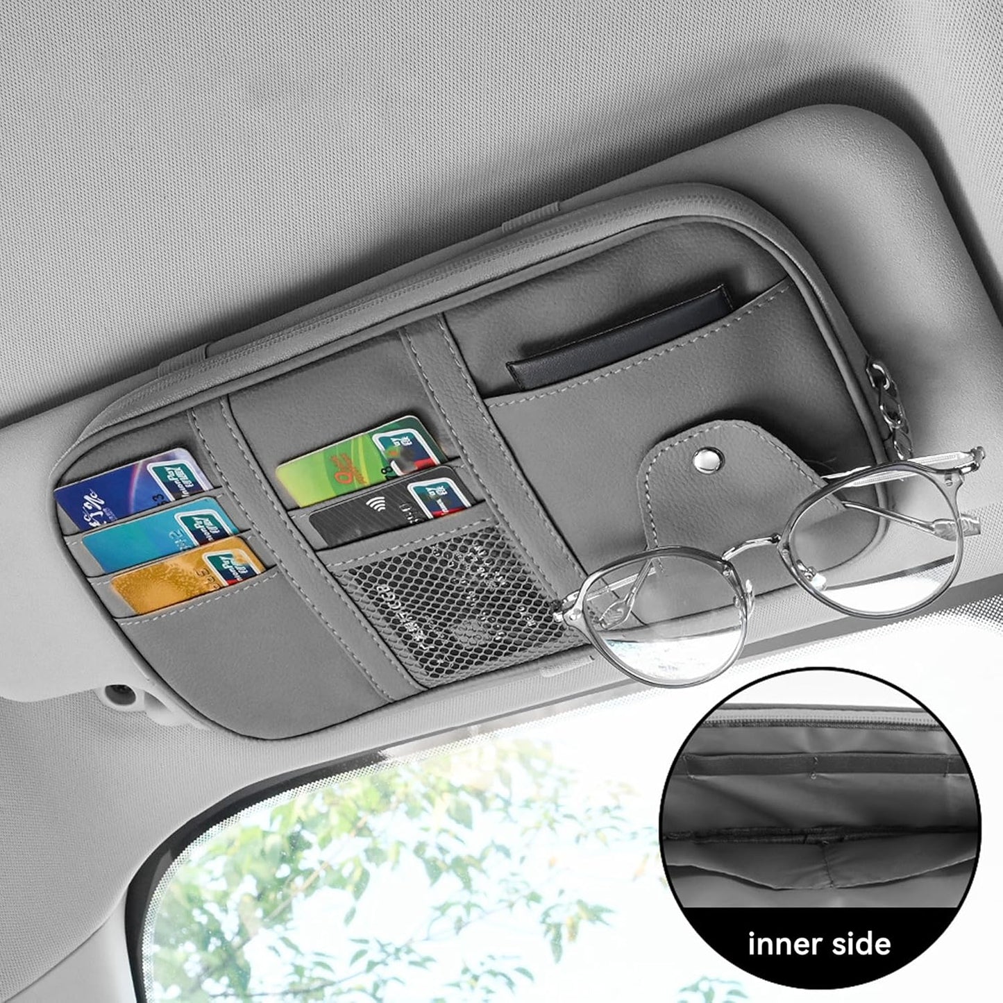 Car Sun Visor Organizer, Sunglass Holder and Storage Pocket, Card Cash Pouch with Multi-Pocket Net Zipper, Case Bag for License Pen Key, Auto Accessories for Truck, SUV, Van (Purple)