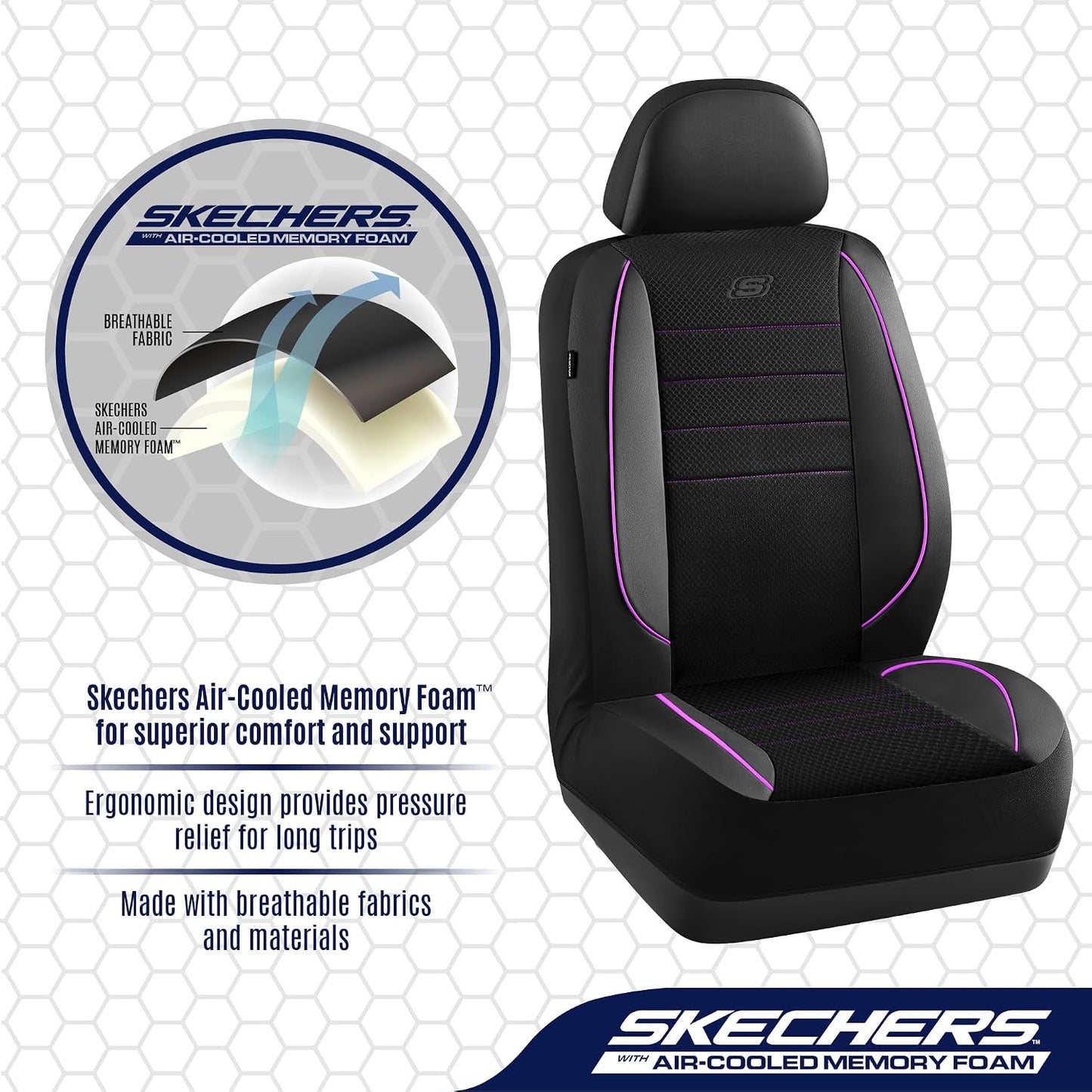 Skechers Air-Cooled Memory Foam Seat Covers,Mesh Thick Car Seat Covers,Piping Leather Car Seat Covers Front Seats,Airbag Compatible,Automotive Comfort Universal FitMost Cars,Vans,Truck,SUV,Black