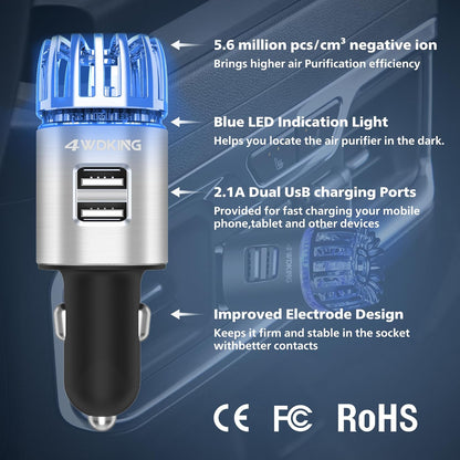 Car Air Purifier Ionizer, 12V Plug-in Car Air Freshener Gadgets with Dual USB Charger Removes Cigarette Smoke, Pet and Food Odor, Ionic Ozone (Silver)