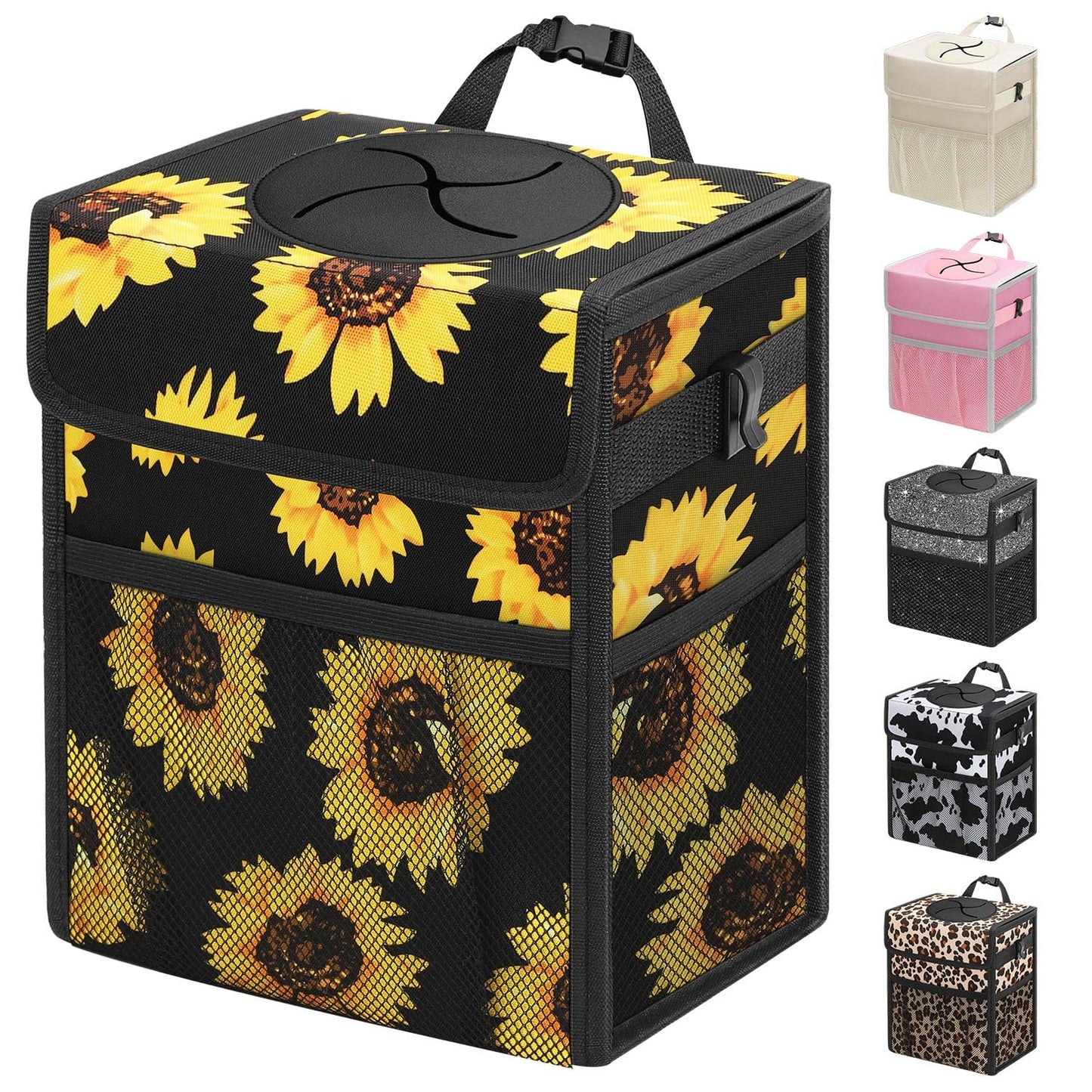 Capolo Car Trash Can with Lid, Leakproof Car Trash Bag Hanging Waterproof Automotive Garbage Can with Storage Pockets Mini Vehicle Trash Bin for Back/Front Seat(Black,2.5 Gallon)