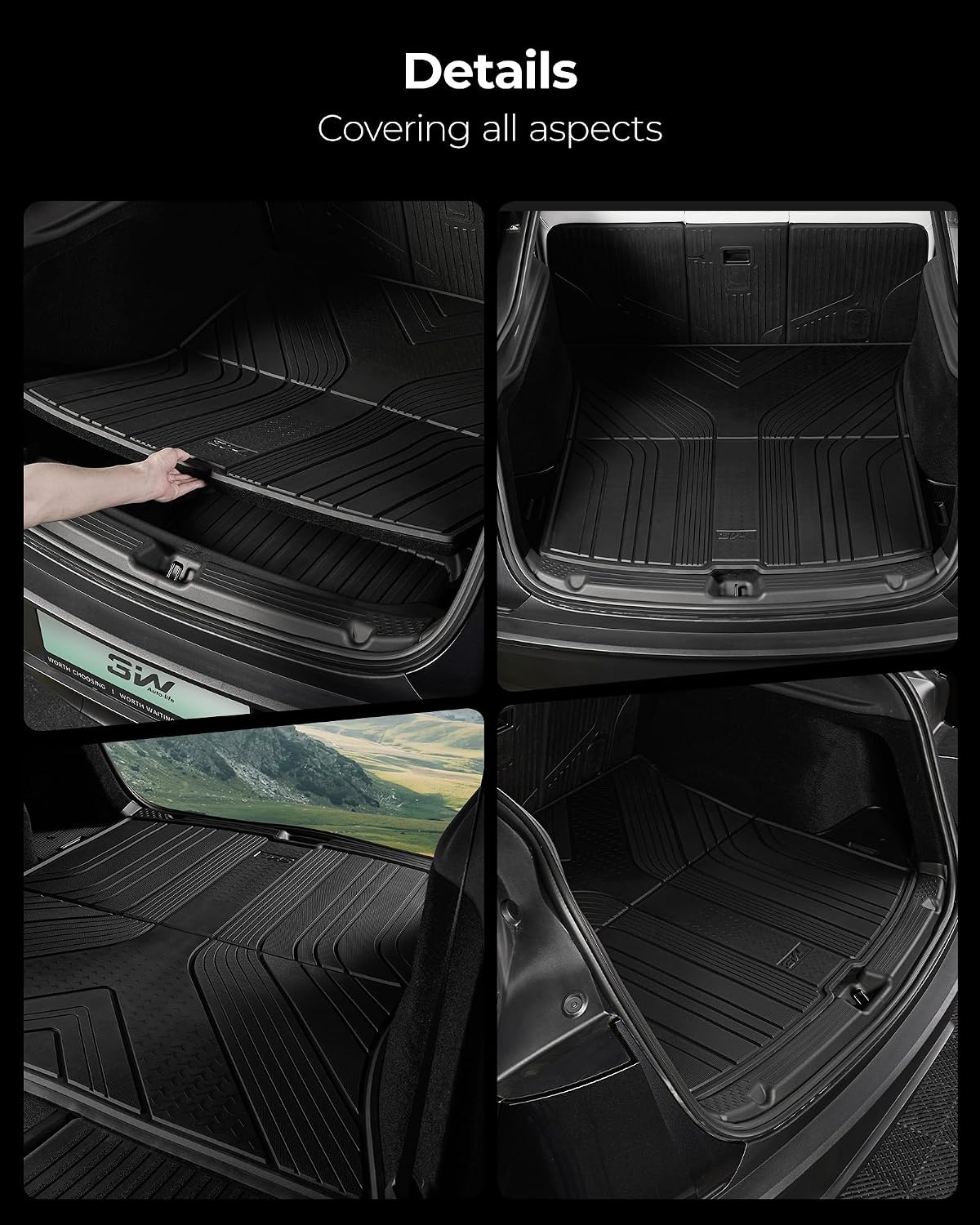3W Floor Mats & Cargo Liner Fit for 2021 2022 2023 2024 2025 2026 Chevy Tahoe/GMC Yukon/Cadillac Escalade 7 Seat, TPE All Weather Custom Fit Car Accessories Heavy Duty Rubber Full Set Trunk Mats - Colors B