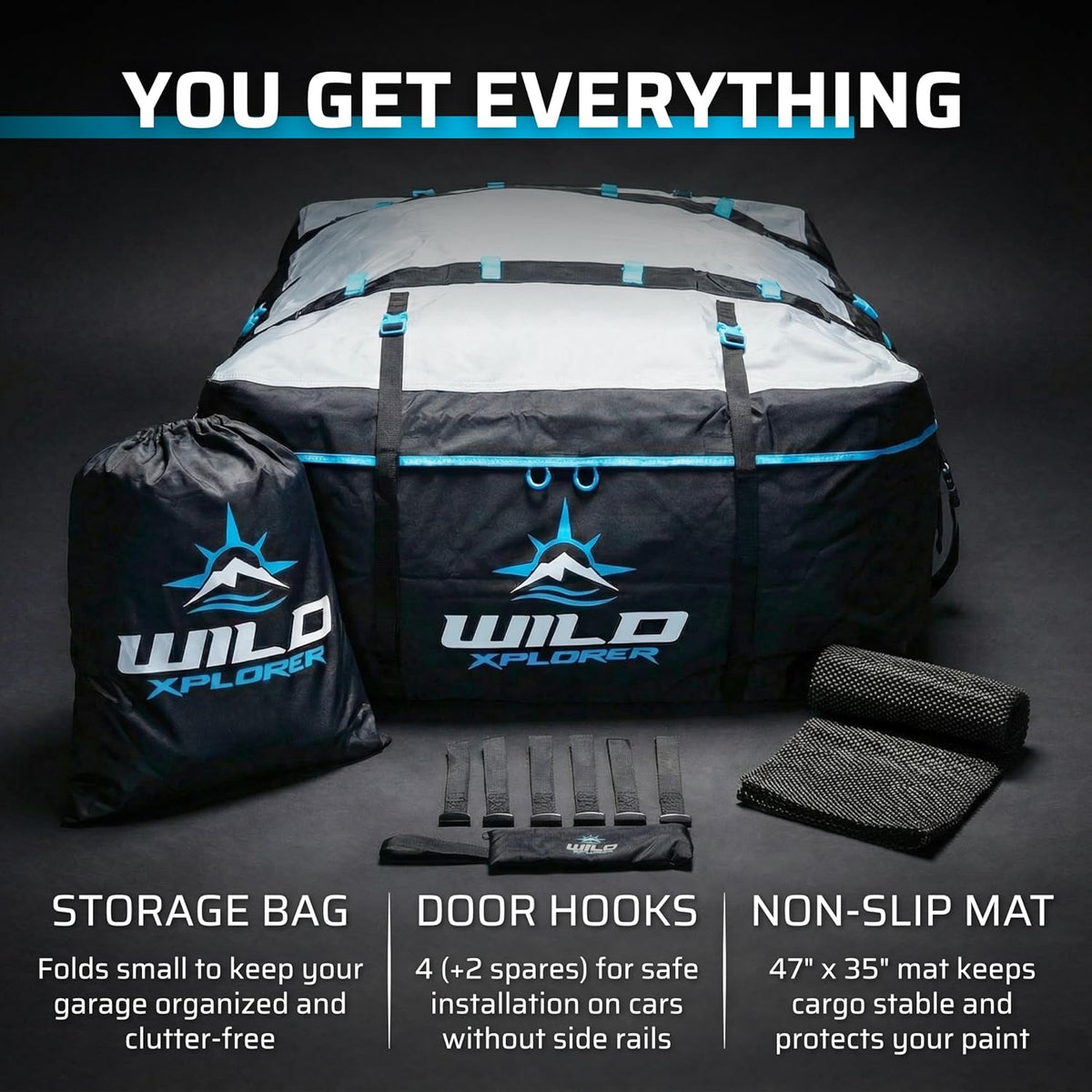 Rooftop Cargo Carrier - 15 Cubic Feet (L), Waterproof Soft Shell Car Roof Cargo Carrier, Heavy Duty Car Top Luggage Cargo Bag with Patented Door Hooks and Non-Slip Mat