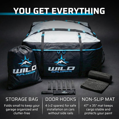 Rooftop Cargo Carrier - 15 Cubic Feet (L), Waterproof Soft Shell Car Roof Cargo Carrier, Heavy Duty Car Top Luggage Cargo Bag with Patented Door Hooks and Non-Slip Mat