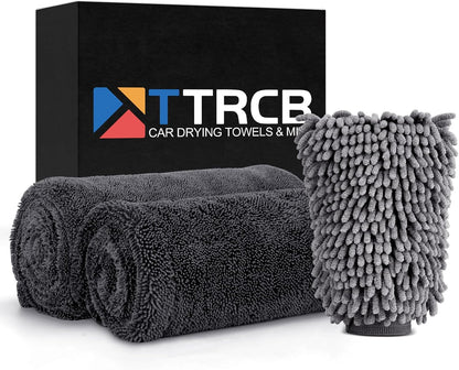 TTRCB 2 Pack 1300 GSM Car Drying Towel, Microfiber Towels for Cars - 36" x 24" & 16" x 16", Ultra-Absorbent, Streak Free, Car Wash Mitt, Car Detailing Cleaning Accessories Supplies Essentials