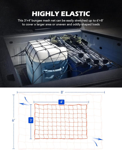 Orion Motor Tech 2'x3' Small Cargo Net with 2"x2" Small Mesh, 4x6 Foot Max Size Cargo Net for SUV Roof Rack Cargo Basket Net with Locking Carabiners, Ratchet Strap, Roof Rack Net