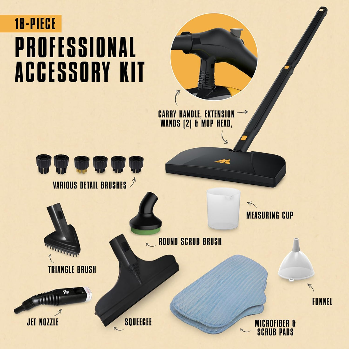McCulloch MC1385 Deluxe Canister Steam Cleaner, 2-Hour Runtime, Chemical-Free, 23 Accessories: Mop Head, Brushes & More - Built for Home, Tile, Carpet, Furniture, & Personal Car Detailing