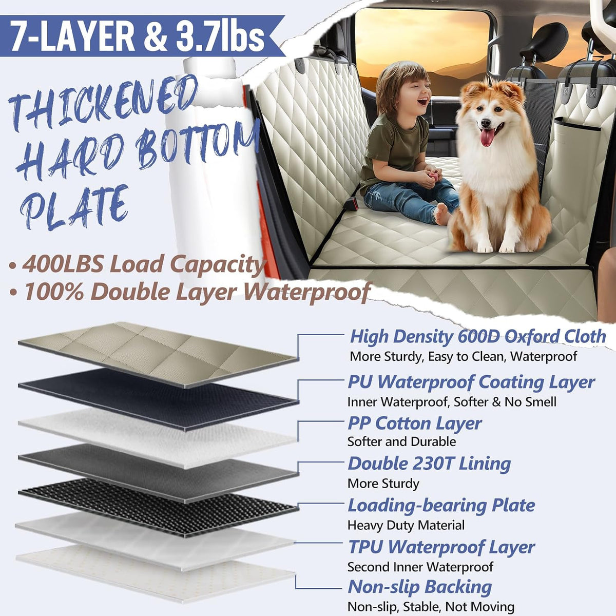 Back Seat Extender for Dogs-Large Space, Dog Car Seat Cover Hard Bottom Holds 420lbs, Sturdy Backseat Extender for Dogs,Upgraded Waterproof Pet Car Bed Dog Hammock for Car, SUV,Truck, Black