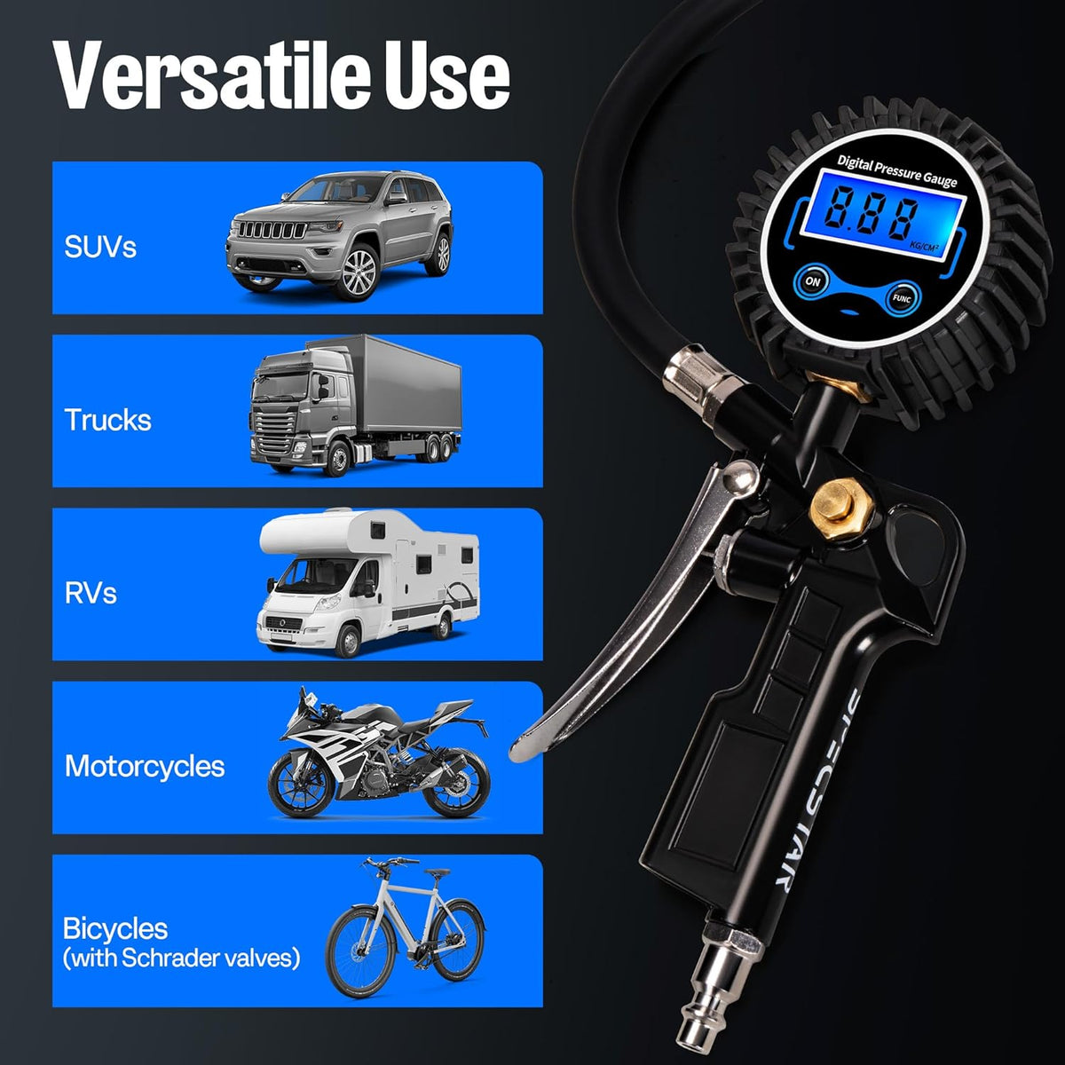 SPECSTAR 2 Pack Digital Tire Inflator with Pressure Gauge, Night Available 250 PSI Air Chuck and Compressor Accessories with Rubber Hose and Quick Connect Attachment for 0.1 Display Resolution