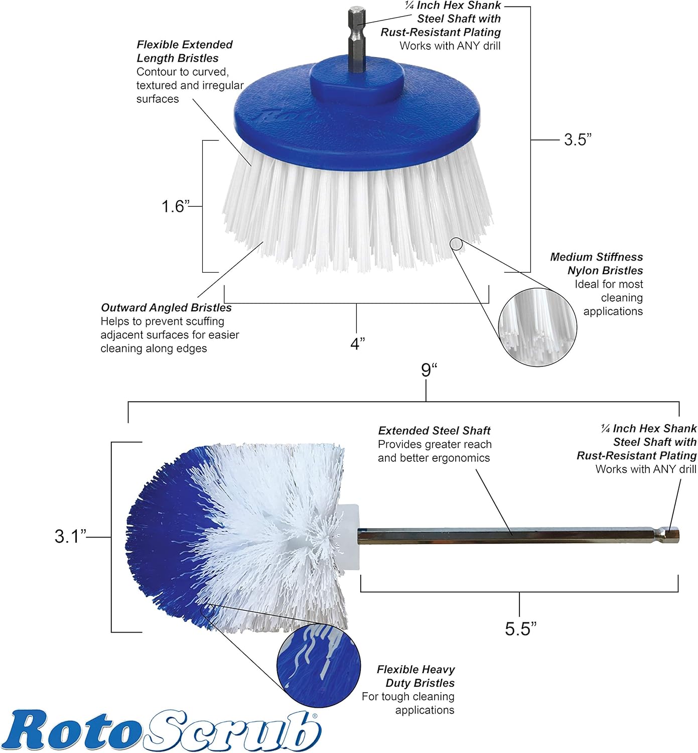Long Reach Drill Brush Attachment, All Purpose for Car Tires, Wheels, Wheel Wells, Engine Bays, Exhaust Pipes, Running Boards, Hard to Reach Areas, with Heavy Duty Non-Scratch Nylon Bristles