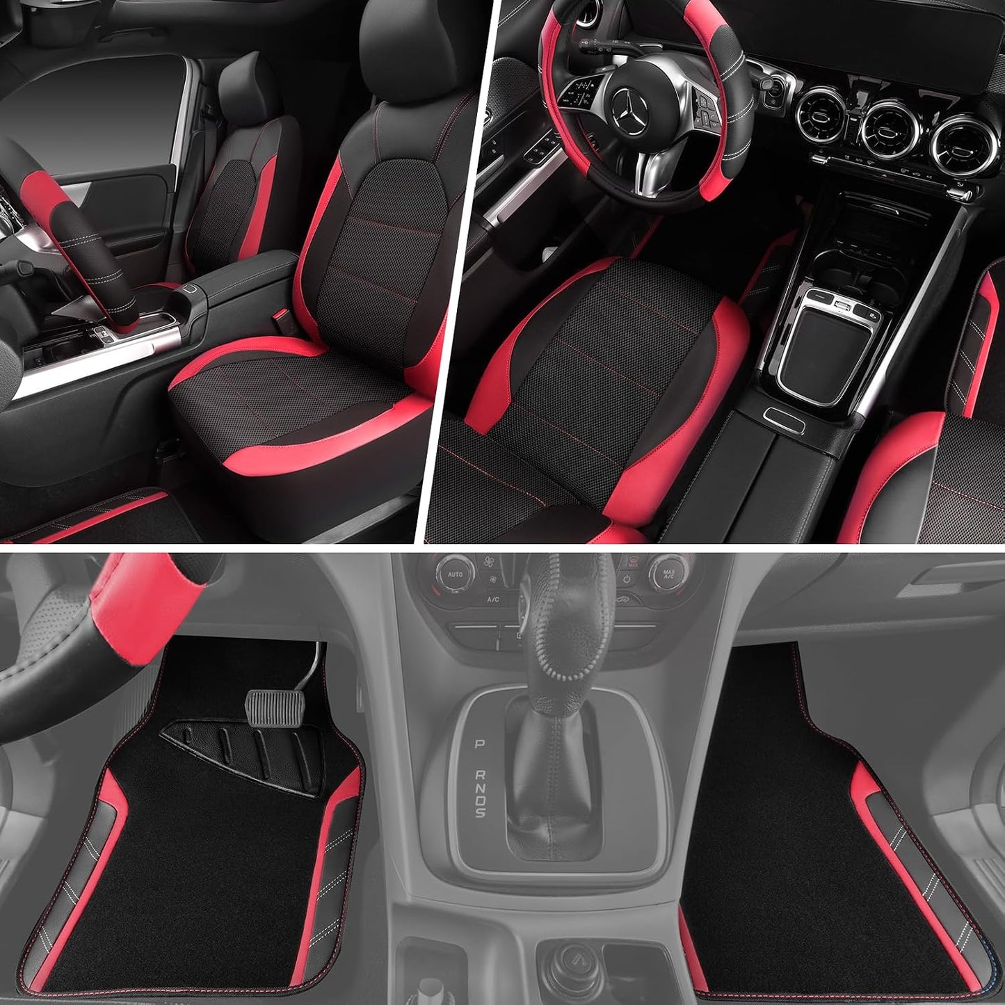 CAR PASS Air Mesh Leather Car Seat Covers Full Set, Waterproof Car Floor Mats, Sporty Steering Wheel Cover 14.5-15in, Universal Fits for 95% Cars Truck SUV (Black and Blue)