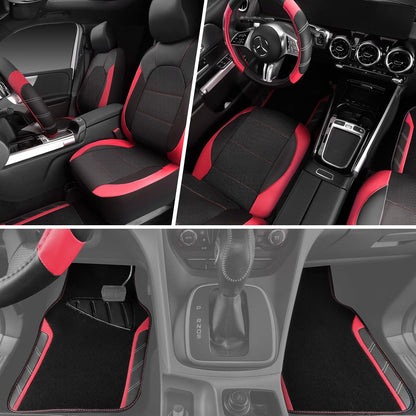 CAR PASS Air Mesh Leather Car Seat Covers Full Set, Waterproof Car Floor Mats, Sporty Steering Wheel Cover 14.5-15in, Universal Fits for 95% Cars Truck SUV (Black and Blue)